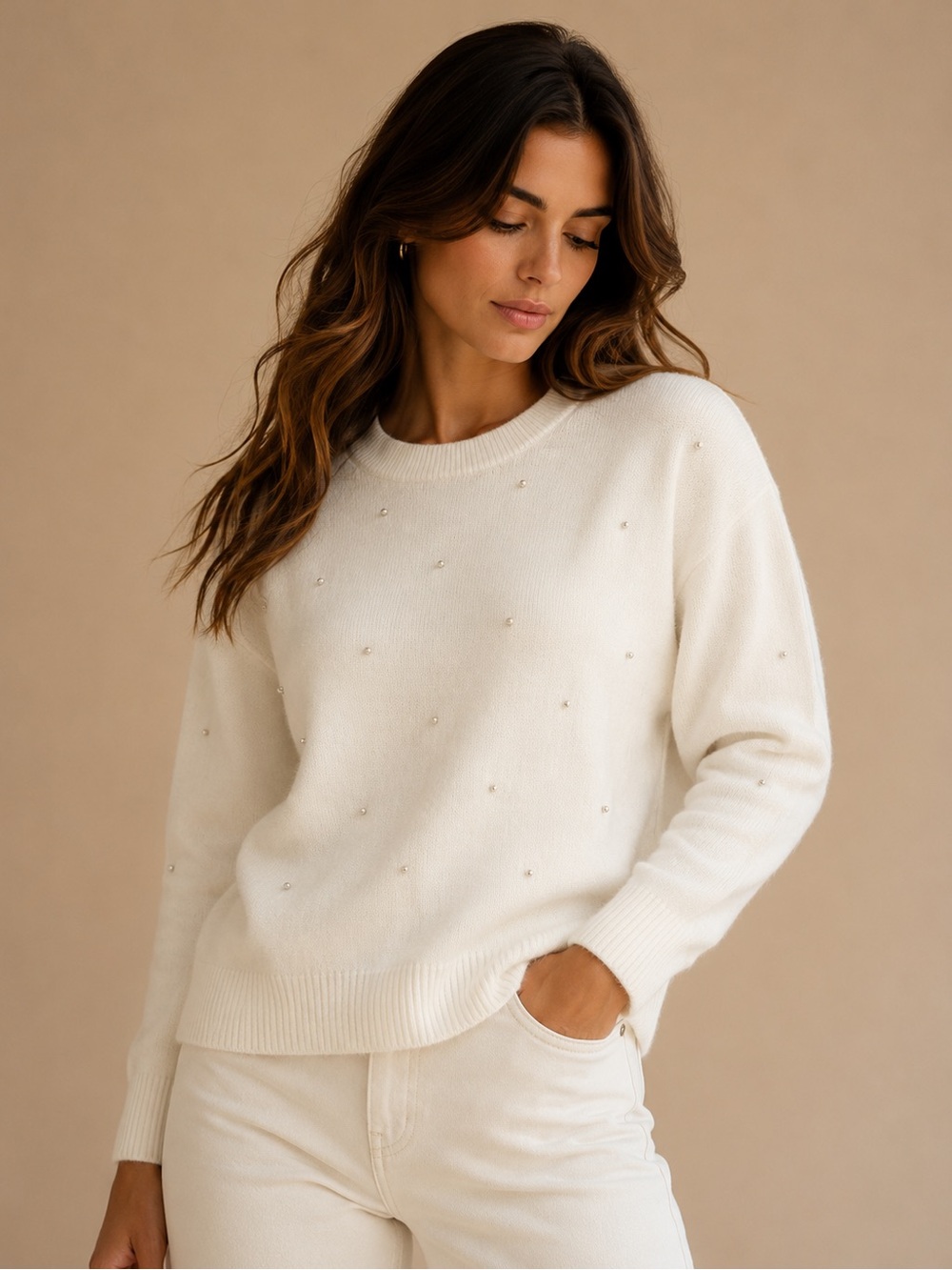 CeCe Cream Pearl-Accent Crewneck Sweater